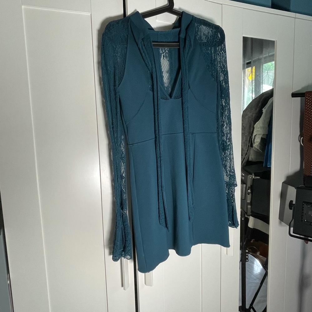 Free People Teal Lace-Sleeve Mini Dress - Picture 5 of 8